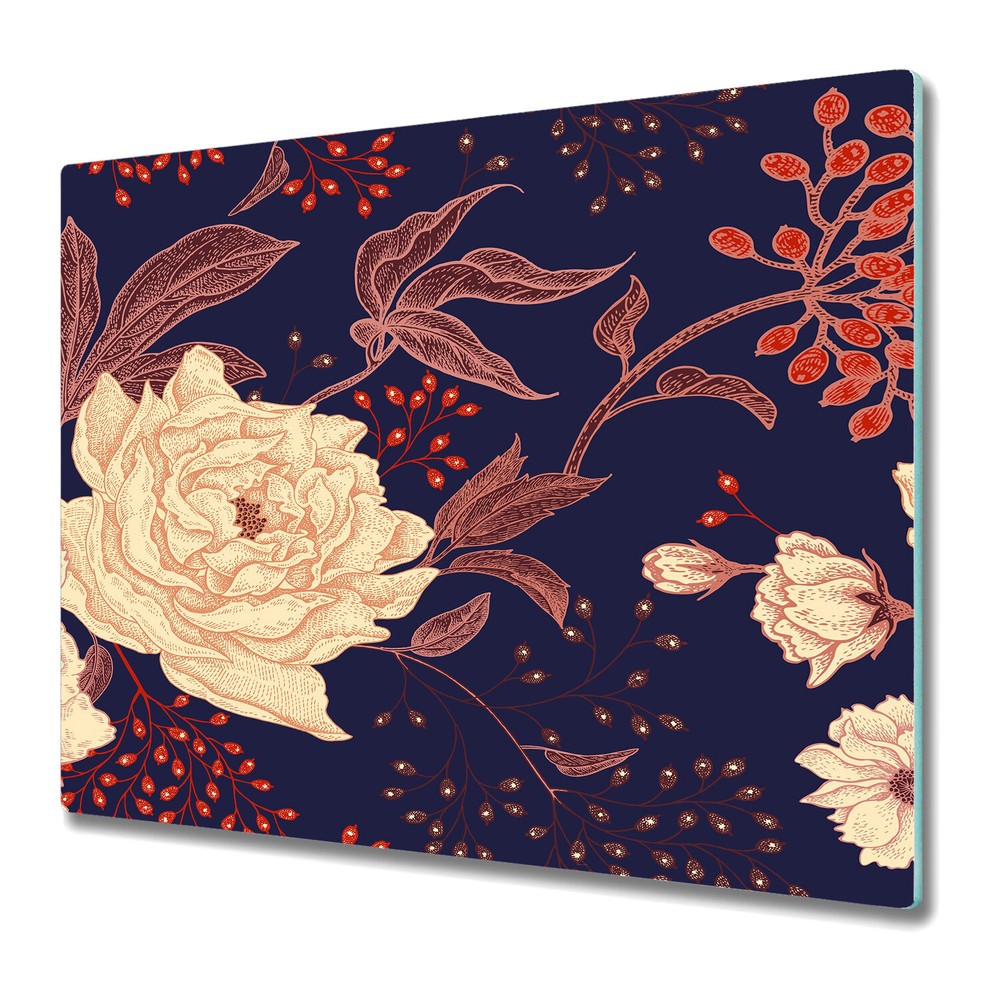 Glass Kitchen Chopping Cutting Board Rose with rowan red and white 60x52