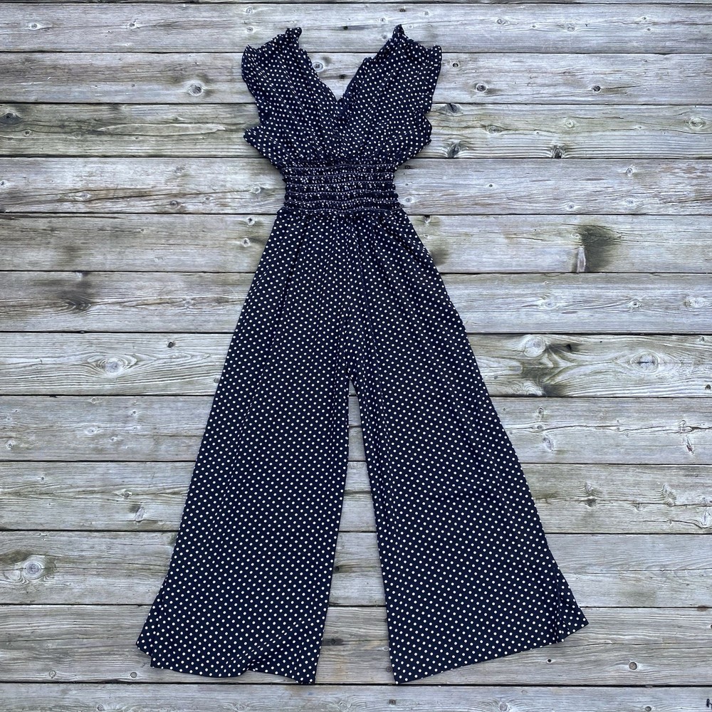 Max Edition Women's Jumpsuit Wide Leg Size XL Polka Dot Ruffle V Neck NWT