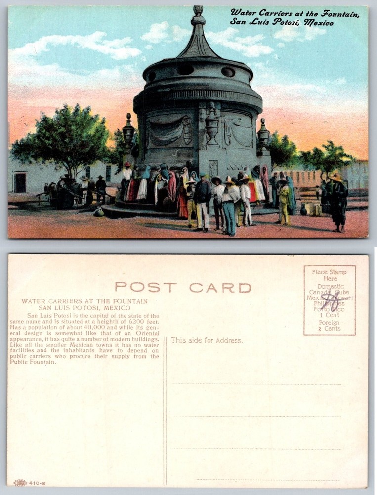 San Luis Potosi Mexico Water Carriers at Fountain Vintage Postcard c1910s