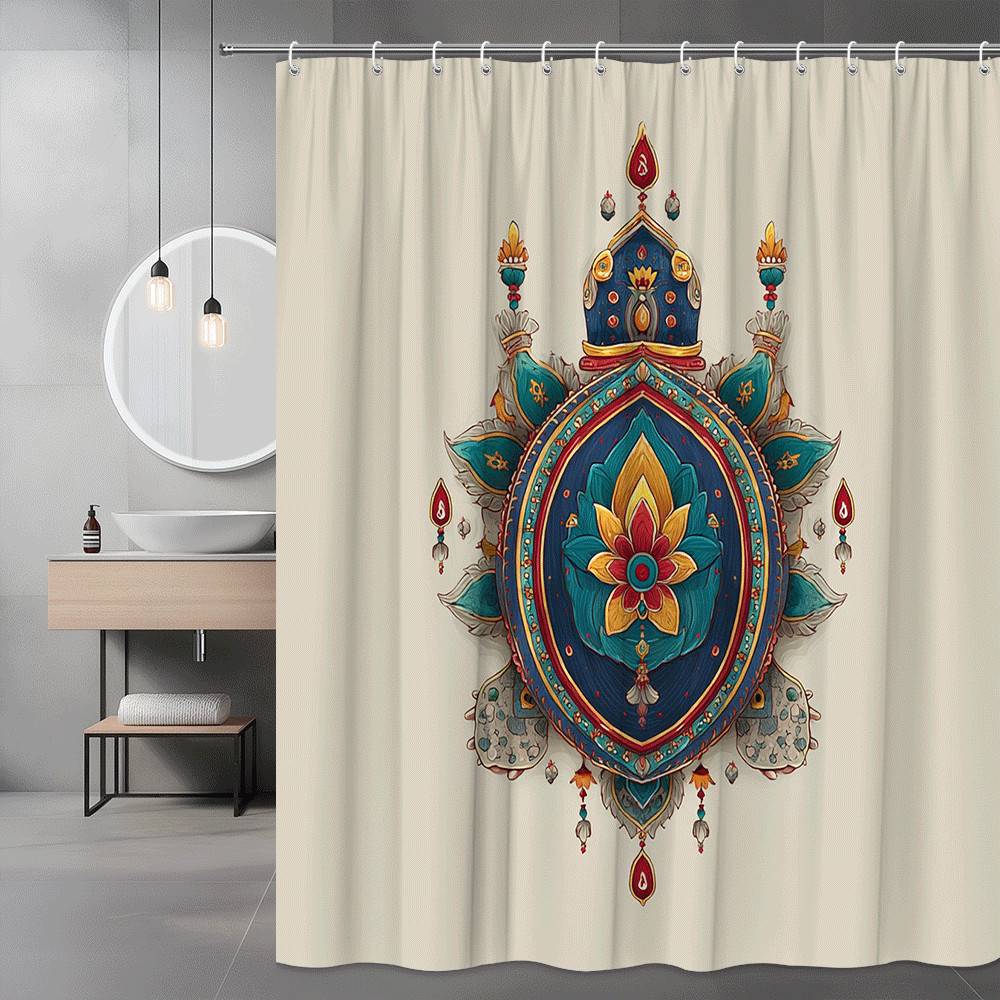 Boho Floral Mandala Shower Curtain Teal Red Beige Graphic Print