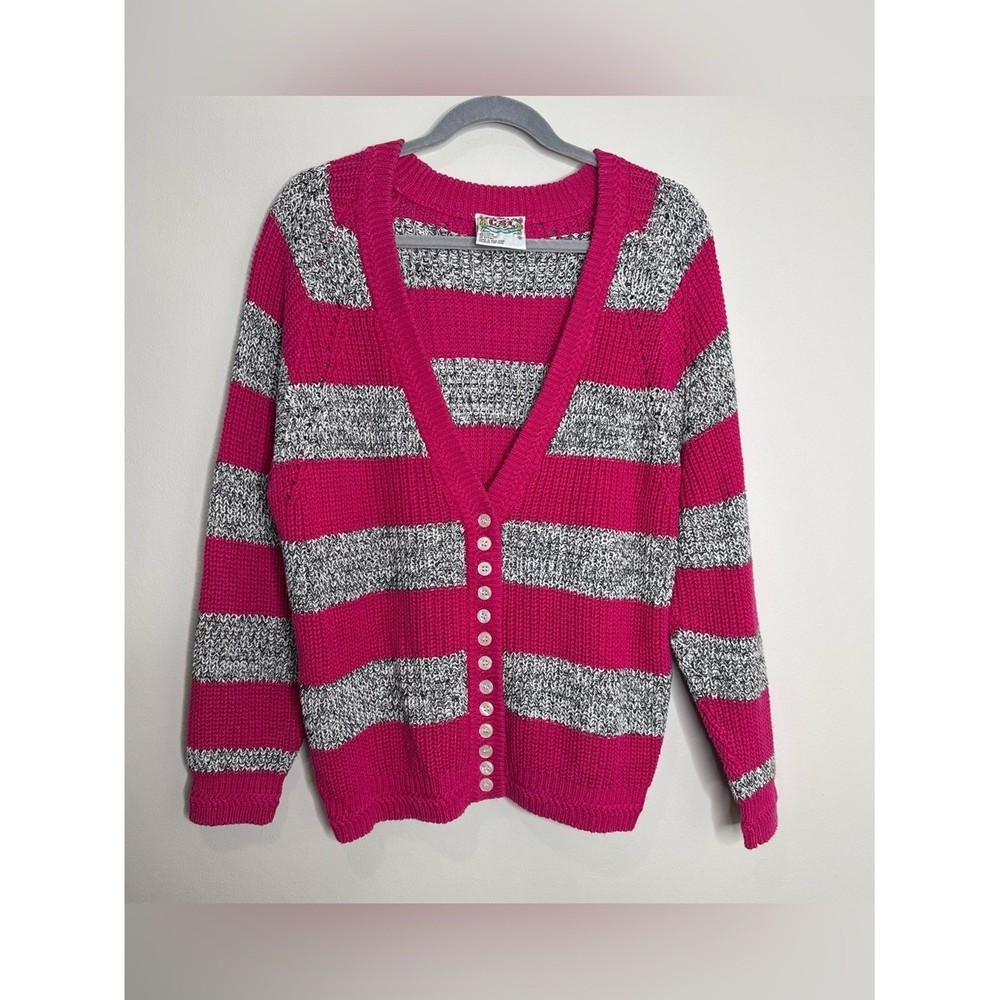 Vintage Striped V-neck Button Front Chunky Knit Cardigan Sweater Ramie Cotton S
