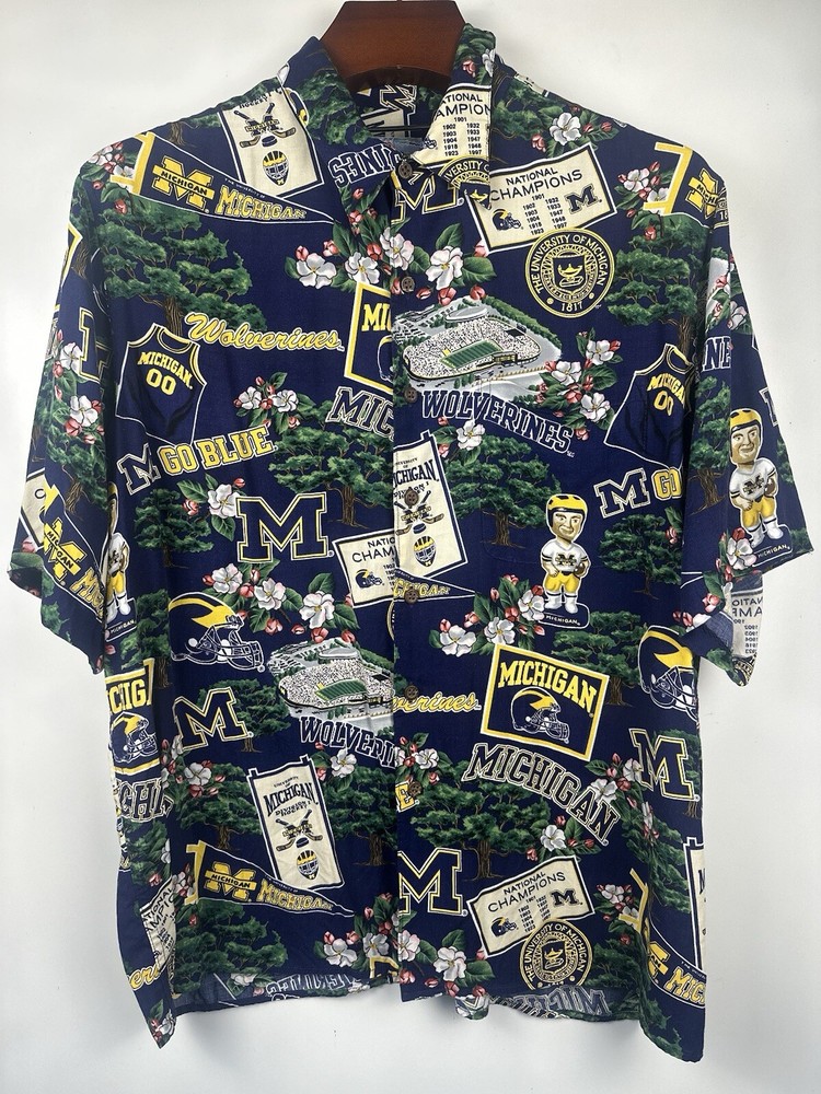 Vintage Michigan Wolverines Reyn Spooner Hawaiian College T-Shirt 90s USA XL