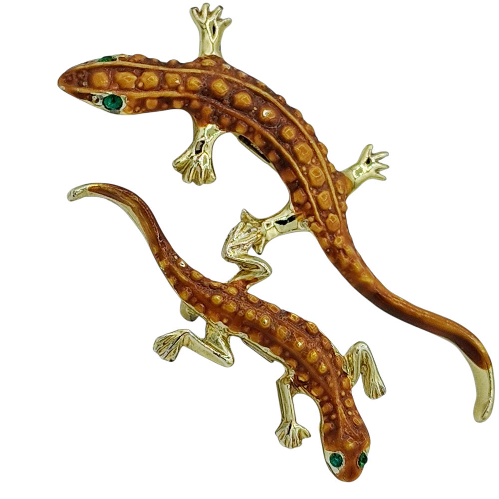 Vtg Figural Lizard Brooch Pin Lot of 2 Enamel Rhinestone Eyes Brown Gold Tone