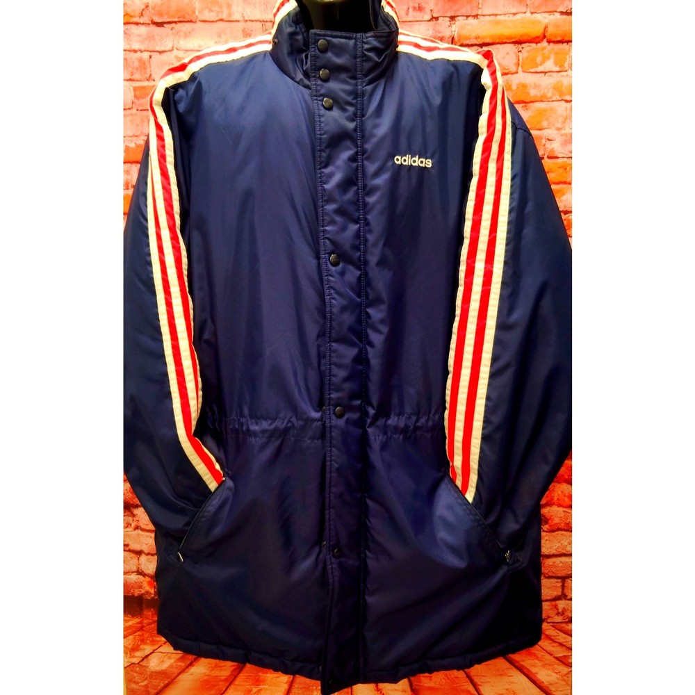 Adidas Original Soccer Parka Jacket Men's XL Navy 3 Striped Softshell Snap Front