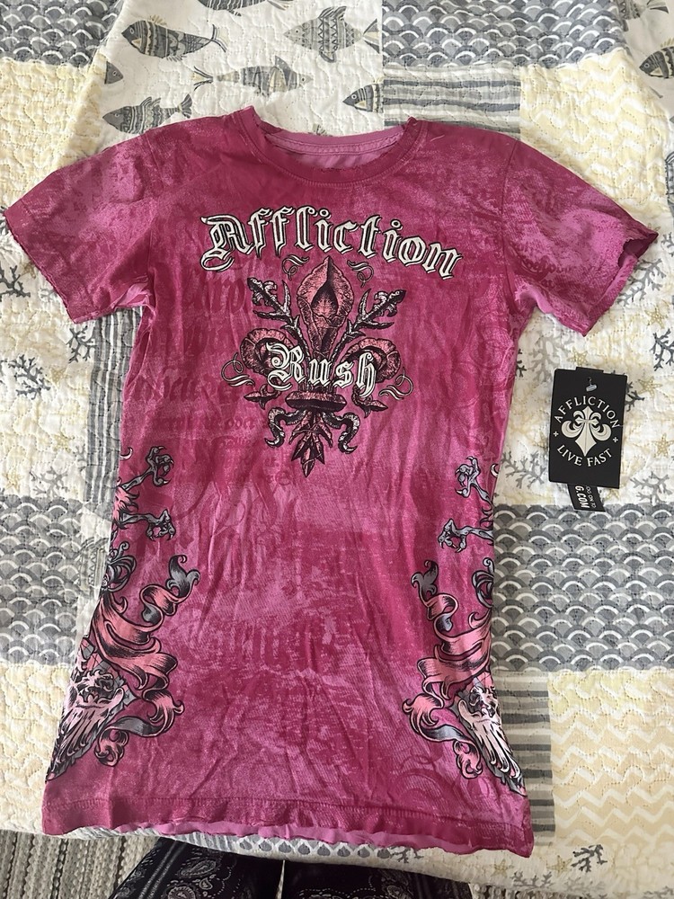 Affliction Top T Shirt L Live Fast Georges St Pierre Pink Silver Reflective NWT