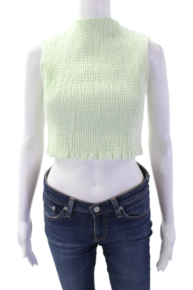 Meshki Womens Linen Smocked Detail Sleeveless Cropped Top Mint Green Size XSFree Shipping in US $100+ Orders | $6.95 Orders Below