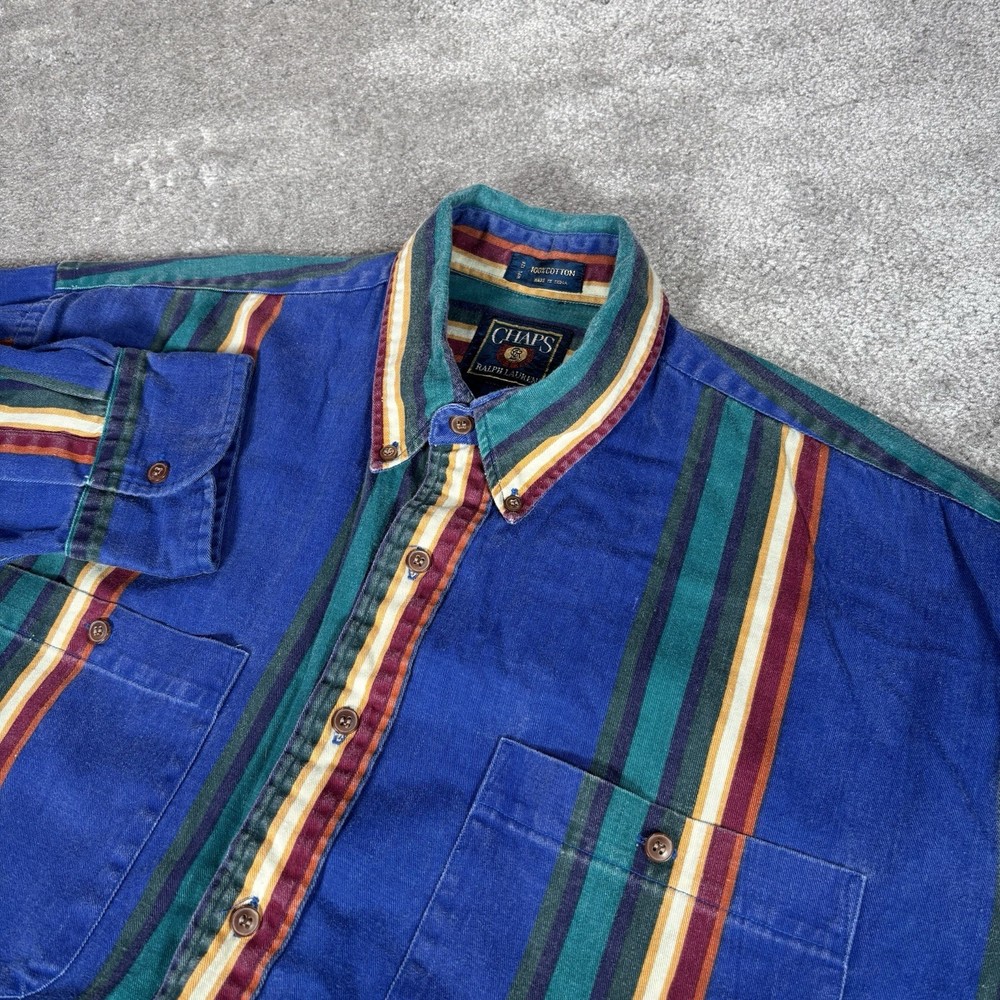 Vintage Chaps Ralph Lauren Shirt Mens L Blue Striped Button Up Work Pockets 90s