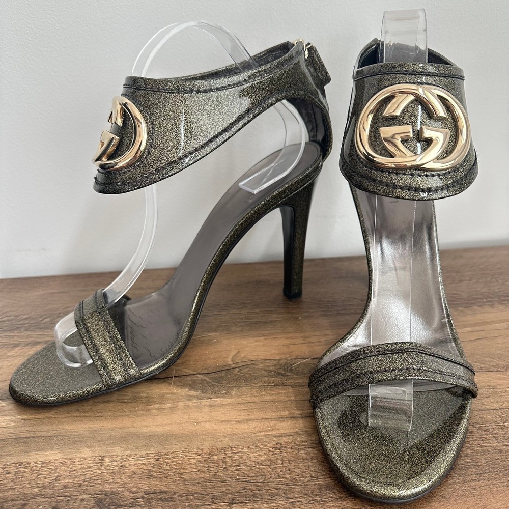 GUCCI Moss Green Patent Leather GG Heel EU 38 US 8 Authentic