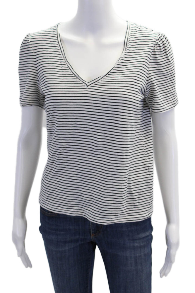 Boden Womens Cotton V-neck Short Sleeve Basic Stripped Top White Size XSFree Shipping in US $100+ Orders | $6.95 Orders Below