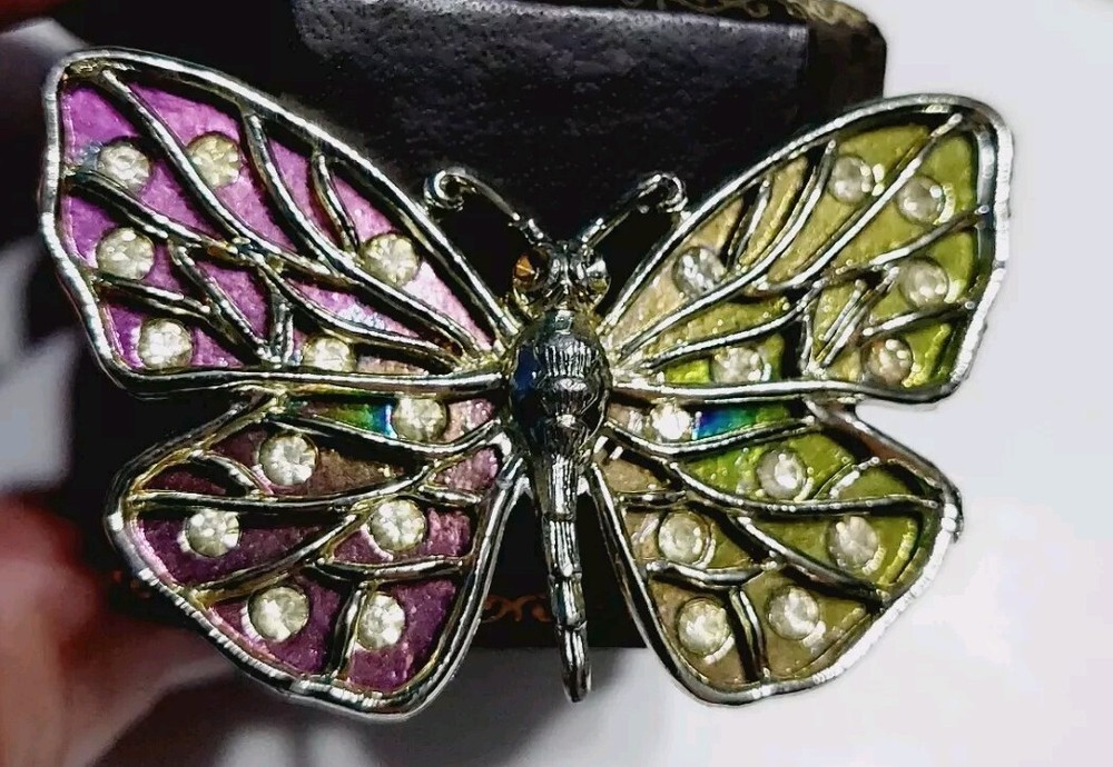 Vintage Butterfly Brooch Pin Gold Tone Rhinestone Moth Multi-colored 2