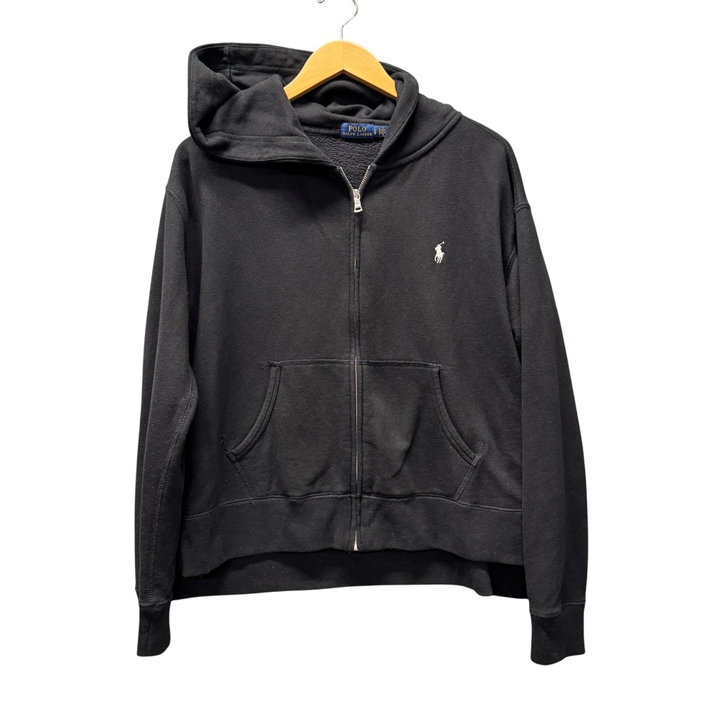 Polo Ralph Lauren Hoodie Womens Large Fleece Full Zip Black + Pockets Boxy Fit