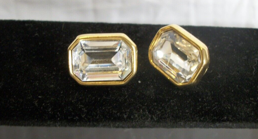 Vintage Monet Earrings, Emerald Cut, Clear Glass Crystal, Gold Tone, Clip On