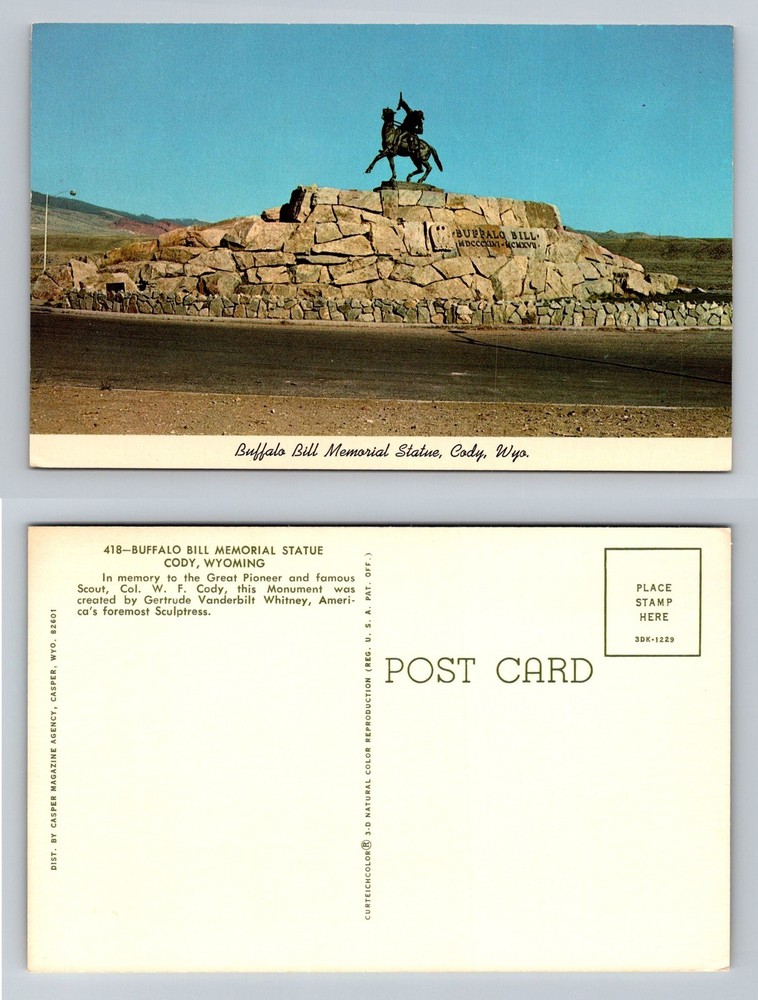 Cody, WY-Wyoming, Buffalo Bill Memorial Statue Monument Vintage Postcard