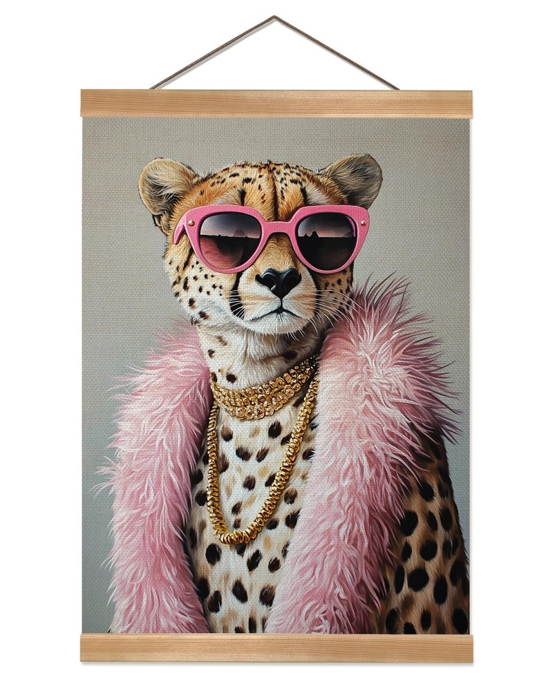 Cheetah Wall Art Retro Jungle Aesthetic Linen Canvas Poster with Pink Mid Cen...