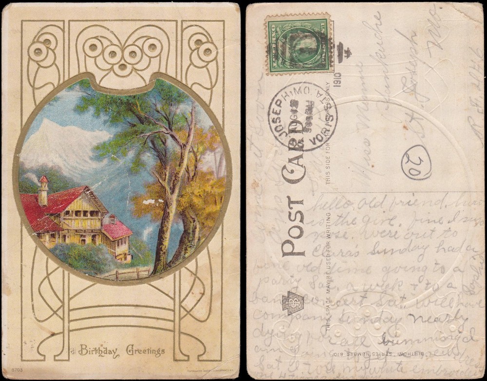birthday greetings, tree by mountain lodge, embossed, foil stamped, 8703