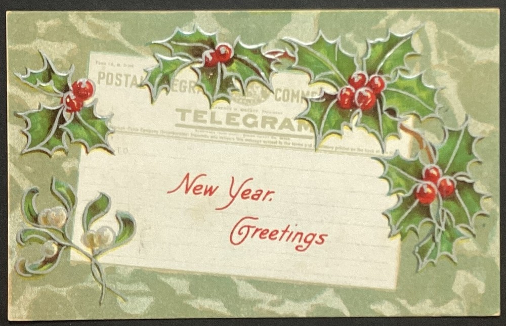 New Year Greetings Telegram Vintage Embossed Postcard Unposted