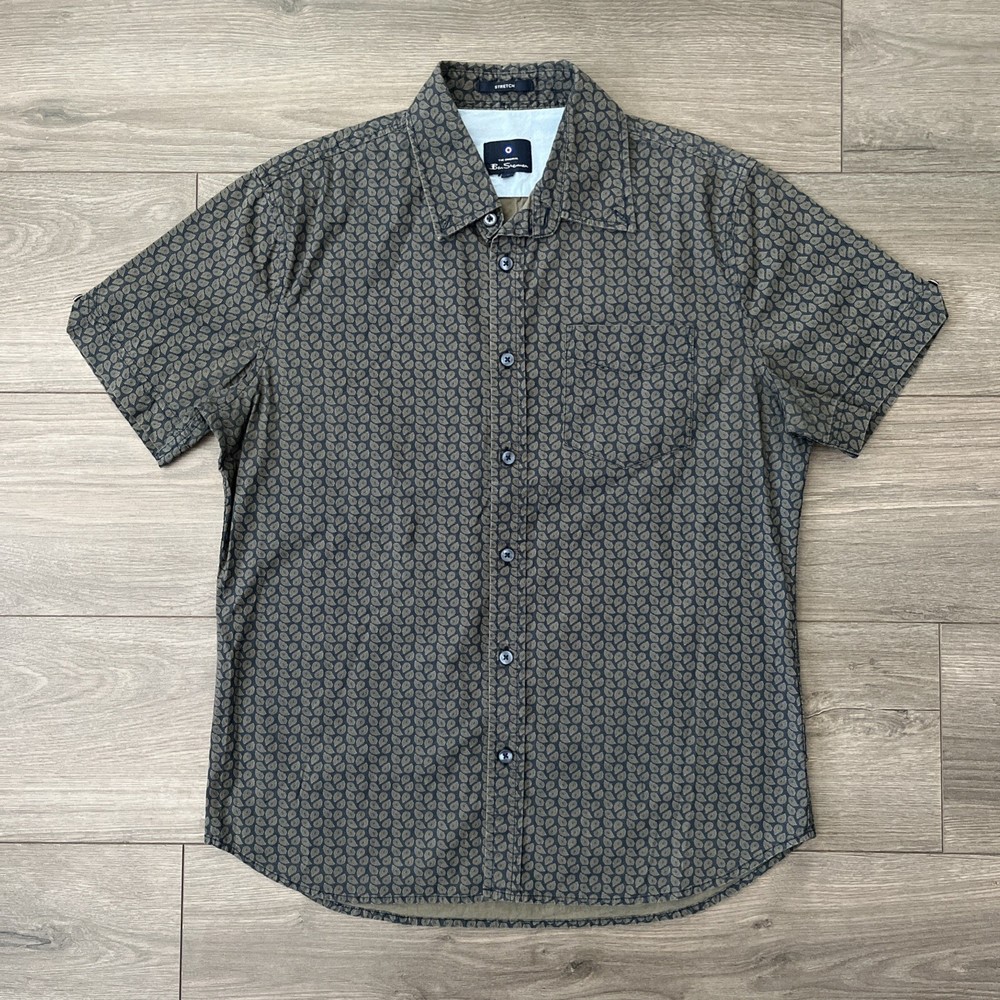 The Original Ben Sherman Mens M Button Up Shirt Green Blue Paisley Short Sleeve