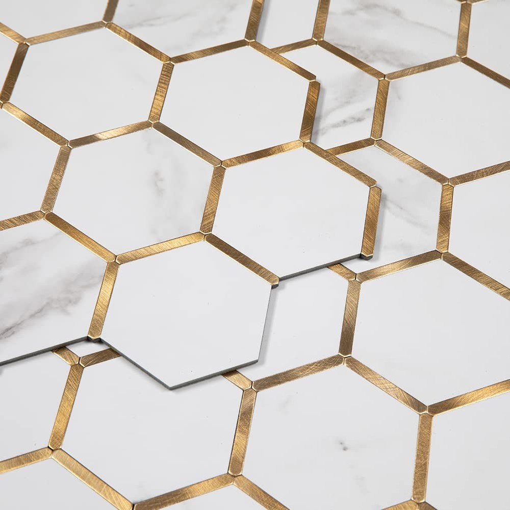 5-Sheet Peel & Stick PVC White Marble Backsplash Tile with Gold Metal Accent