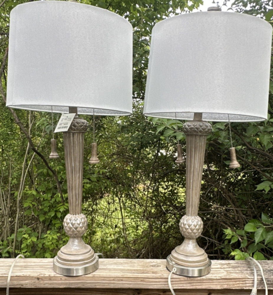 Set of 2 Silver Table Lamps, White Drum Shades Included, Pull Chain, Corded