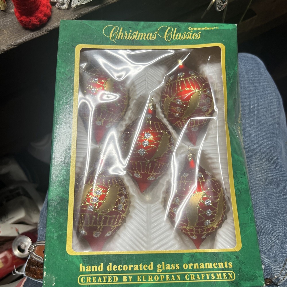 Vintage Commodore Christmas Classic Red/Gold Glass Teardrop Ornaments Set Of 4
