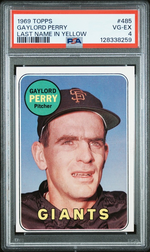 1969 Topps # 485 Gaylord Perry Giants HOF Last Name in Yellow VG EX PSA 4