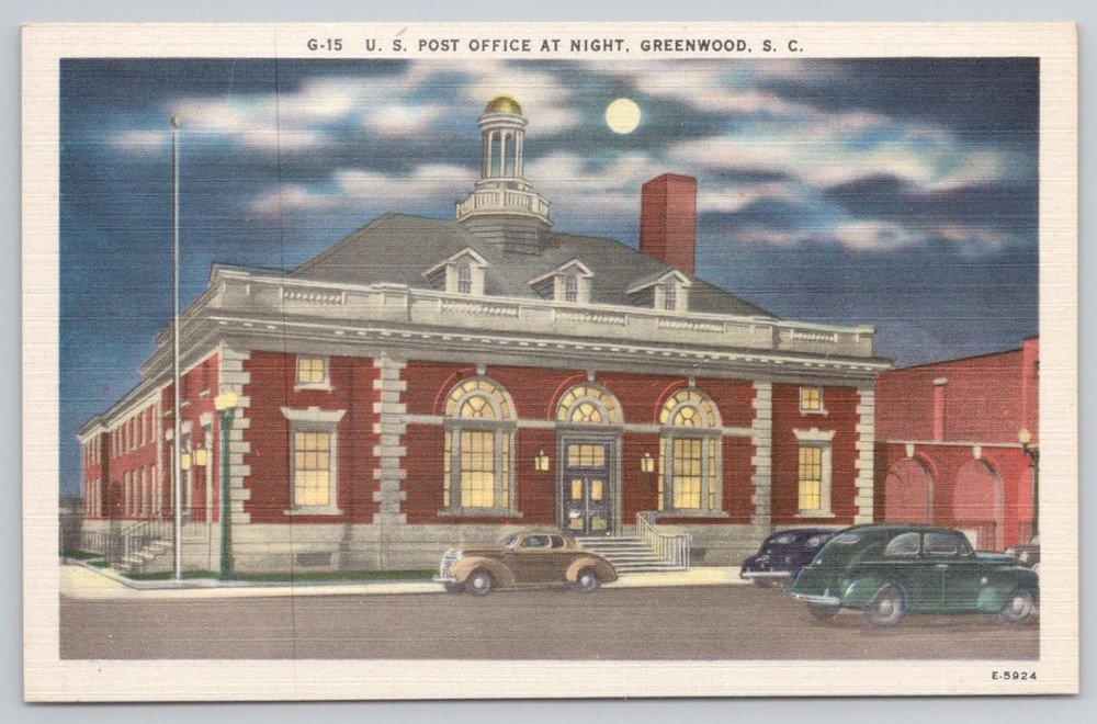 Greenwood SC US Post Office at Night Vintage Linen Postcard Asheville PC Co