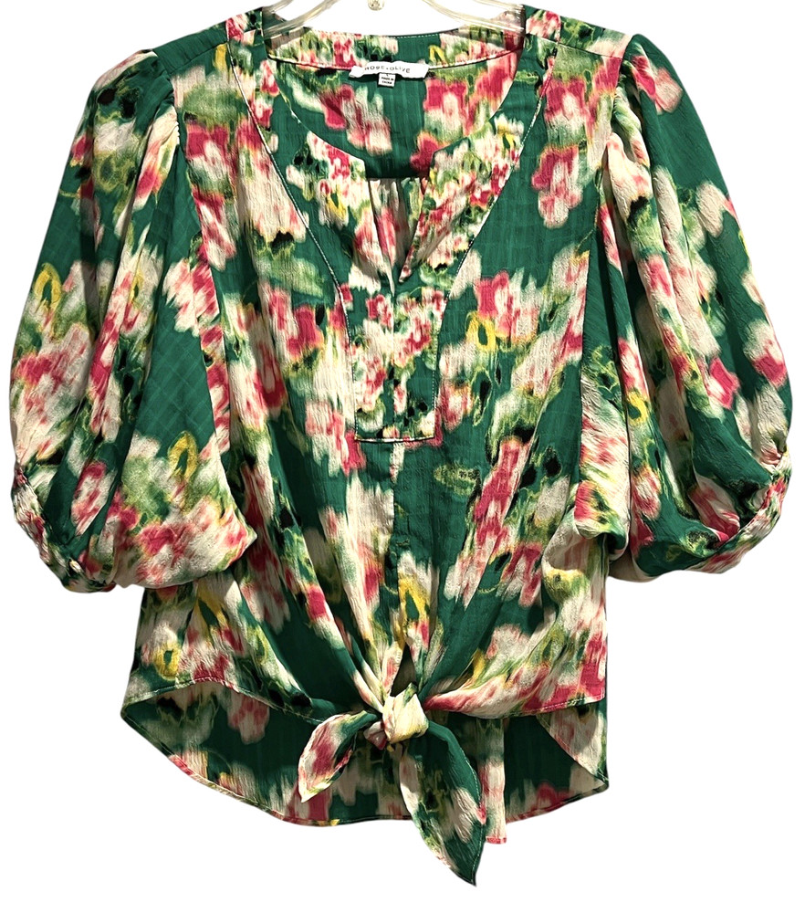 Rose & Olive Top Size Large Green Floral Watercolor Front Tie Puff Sleeve Blouse