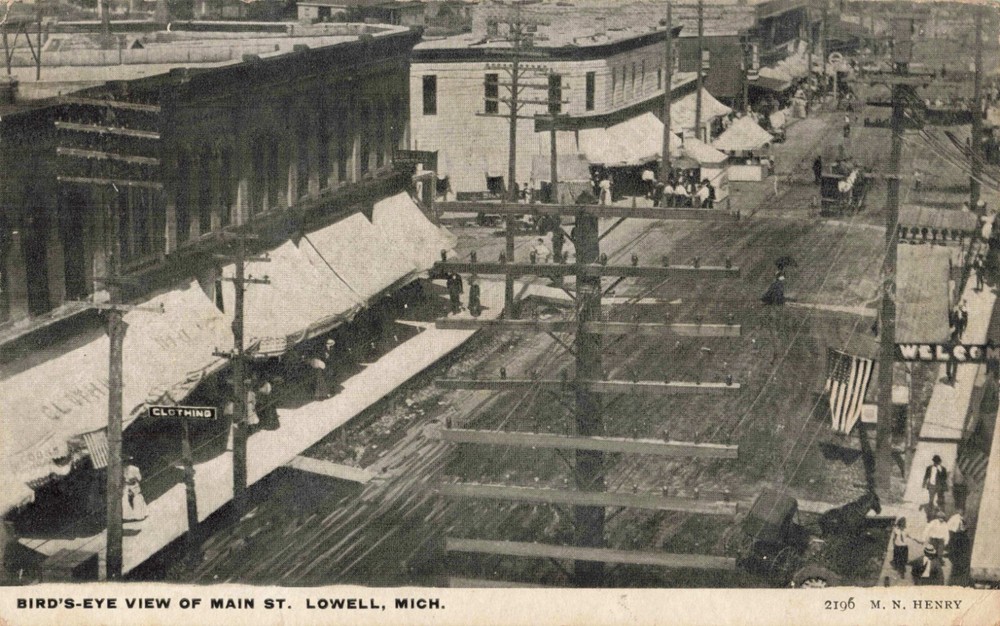 Birdseye View of Main Street Lowell Michigan MI c1910 Postcard