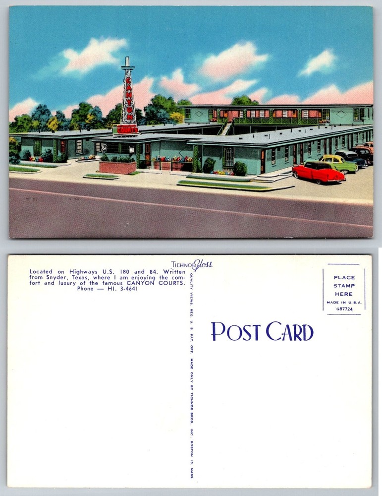 Snyder Texas Canyon Courts Motel Vintage Chrome Postcard Tichnor Bros.