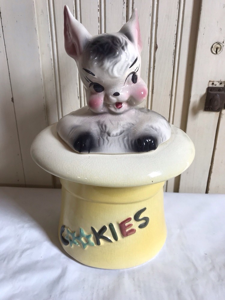 Rabbit in Hat Cookie Jar •AMERICAN BISQUE •1950s Black Rabbit in Yellow Hat