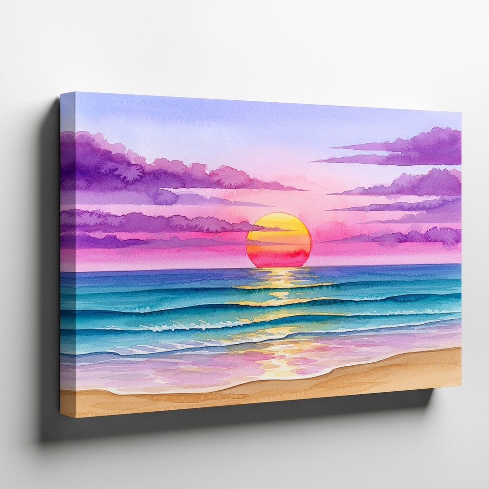 Sunset Beach Scene Canvas Wall Art Ocean Waves Purple Sky Coastal Decor Print