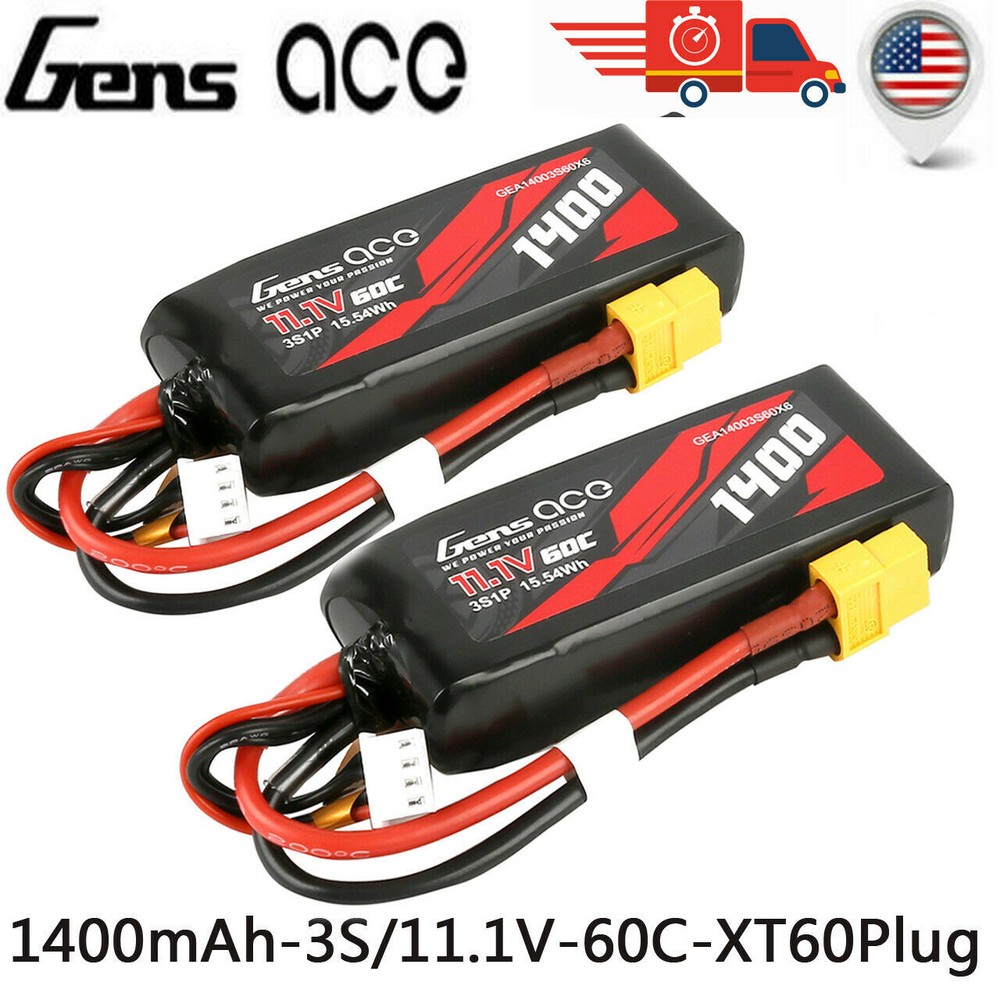 2x Gens Ace 1400mAh 11.1V 60C 3S Lipo Battery Pack With XT60 Plug : 1/16 Traxxas-image