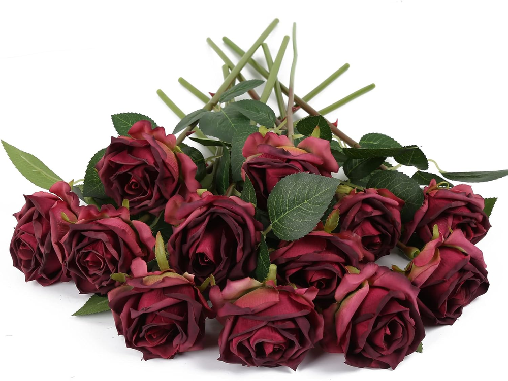 IPOPU 12PCS Burgundy Silk Rose Heads Artificial Dried Flowers for Decor