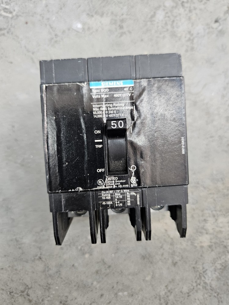 Siemens BQD350 3 Pole 50 Amp 277V Circuit Breaker