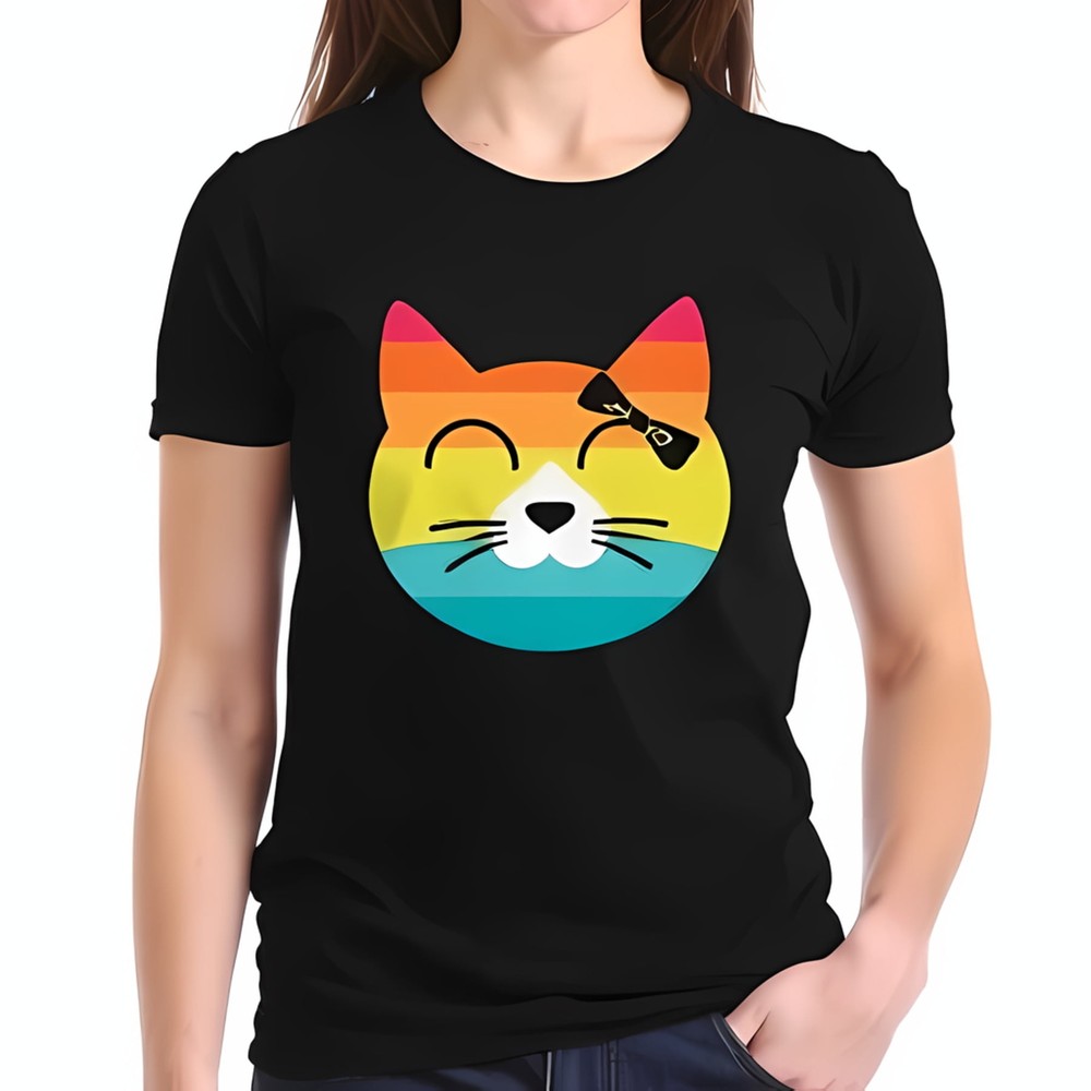 Cat Face T-Shirt with Gradient Colors Bow - Cotton Short Sleeve -All-cotton