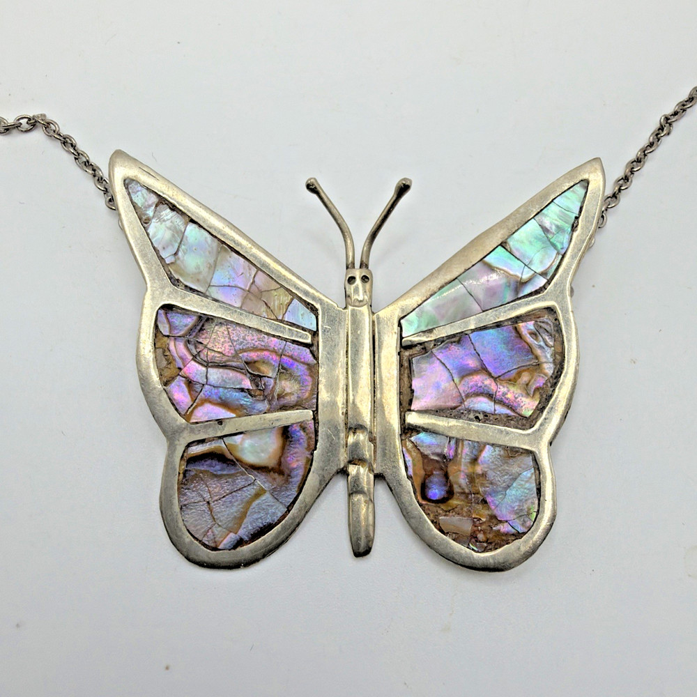 Vintage Sterling Silver Butterfly Necklace Abalone Inlay