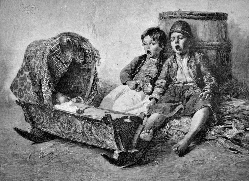 Children singing to baby, Cradle songs Decor Poster. Graphic Art Design 4061