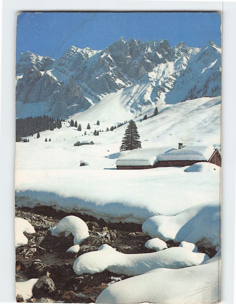 Postcard Mountains Trees House Snow Landscape Scenery