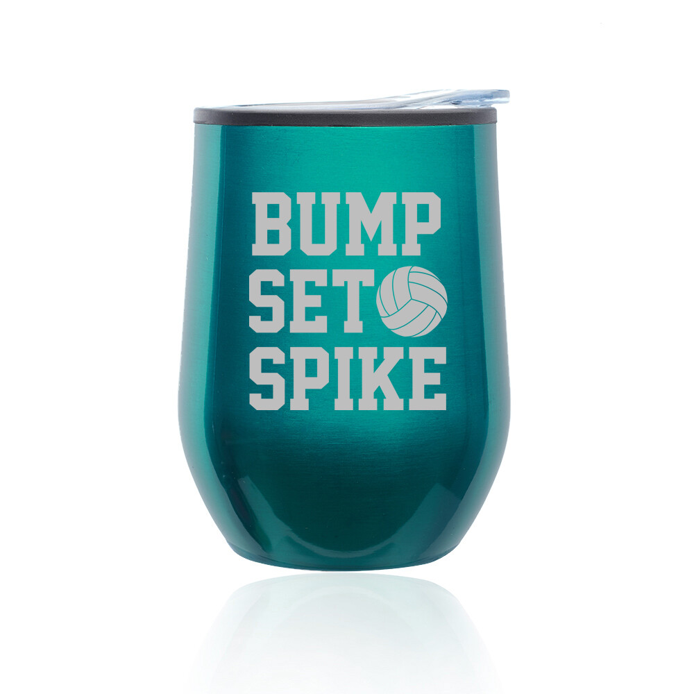 Stemless Wine Tumbler Coffee Travel Mug Glass Cup Lid Bump Set Spike Volleyball