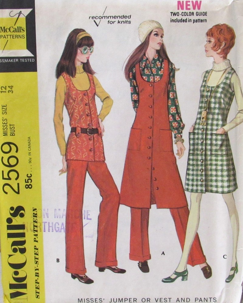 VTG 70s McCalls 2569 Womens 12 A-line Jumper Midi Dress Vest Pants Pattern UNCUT