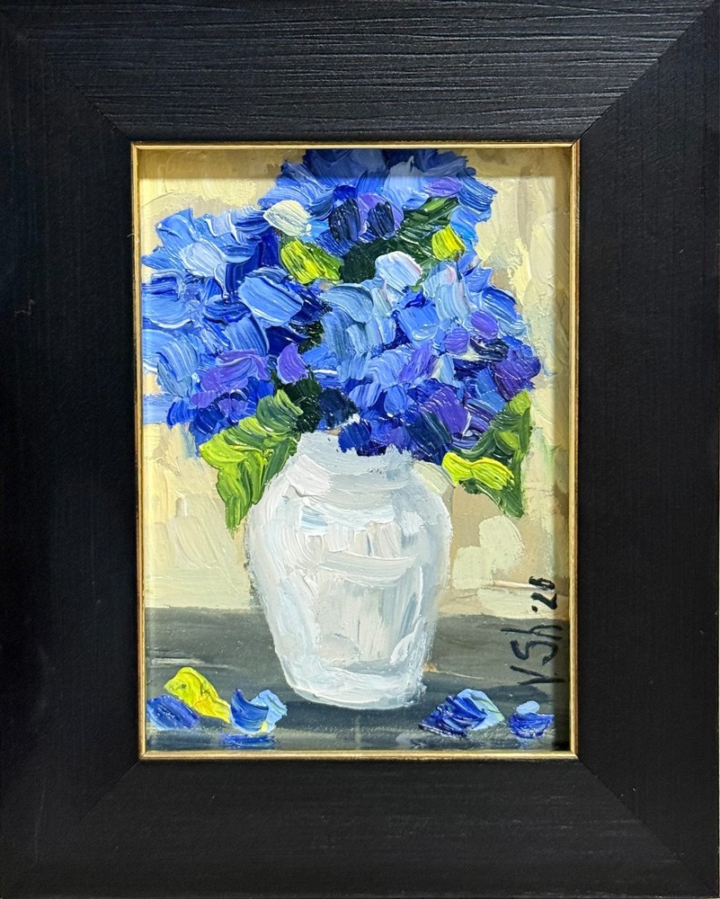 Framed ACEO Original Oil Painting Hydrangea Flowers Vase Art Impasto Signed