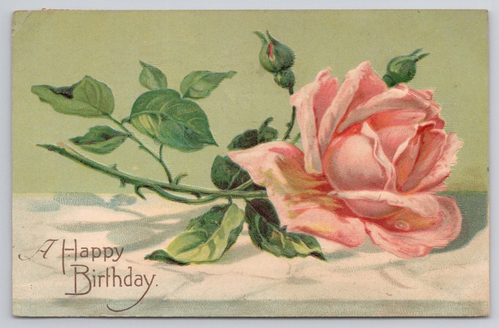 Vintage Embossed Pink Rose Birthday Postcard - Newark NJ 1910 Postmark