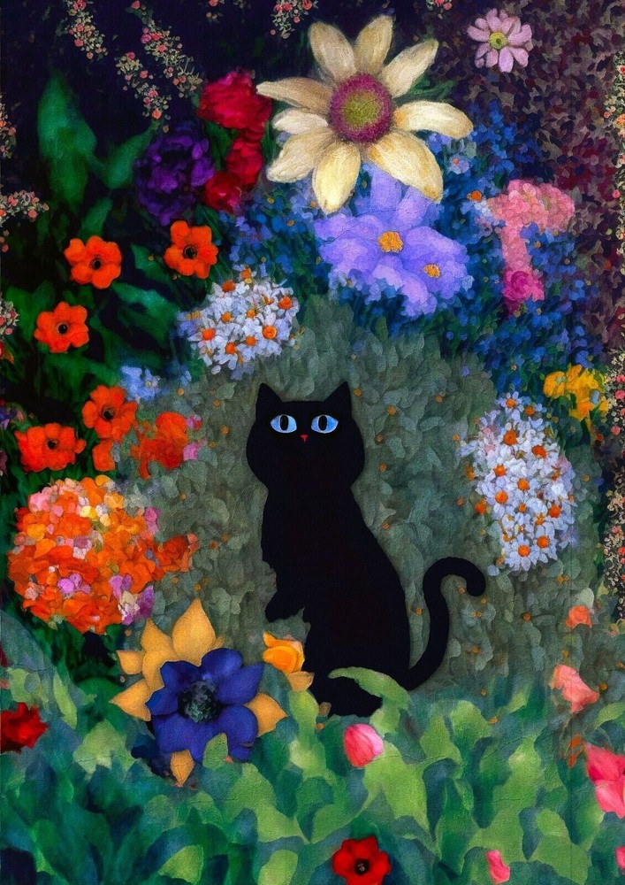 Claude Monet Black Cat in the Flowers Print Black Cat Floral Art Poster