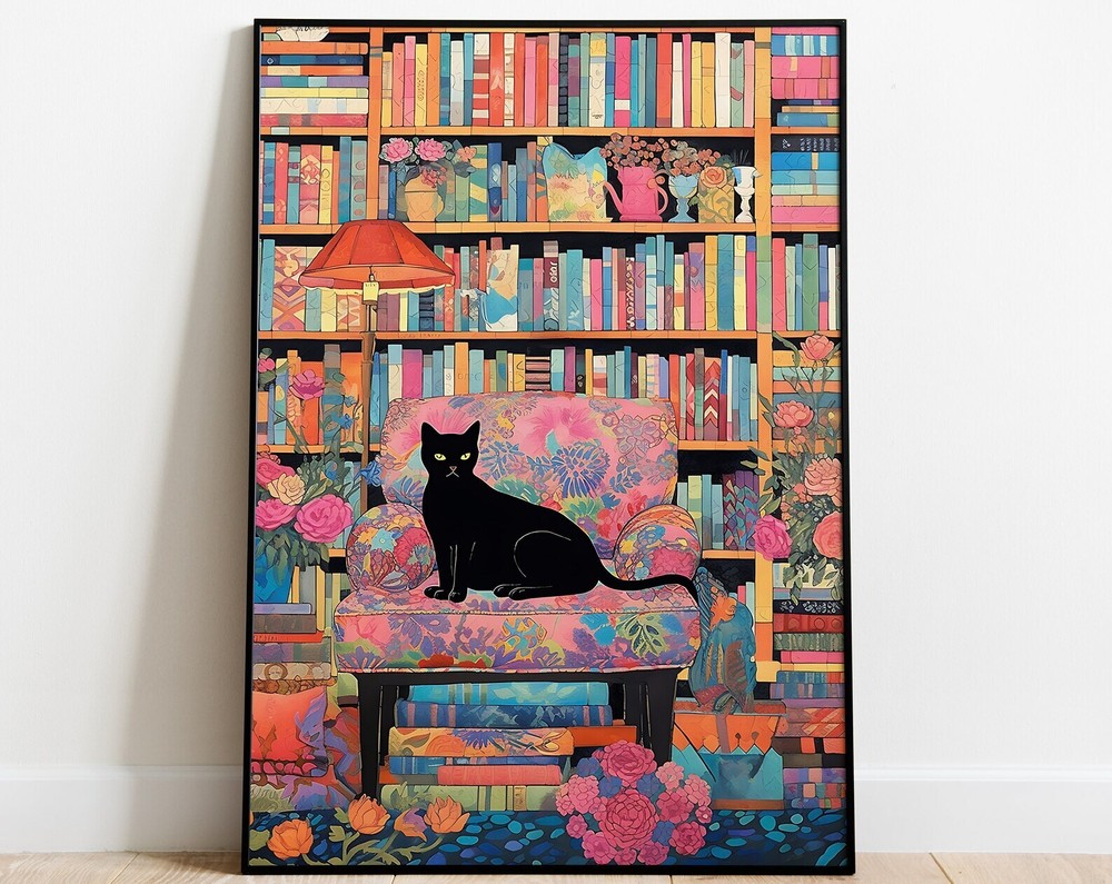 Cat In The Library Book Lovers Art Maximalism Painting Cat Lovers Poster Black