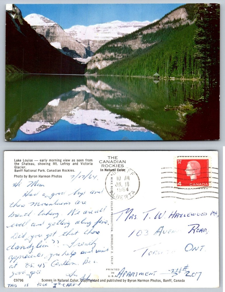1964 Lake Louise Banff National Park Canada Postcard Mt. Lefroy Victoria Glacier