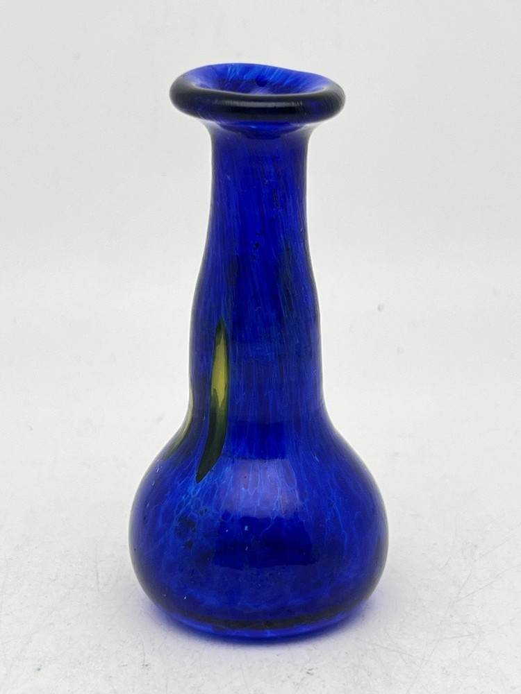 Vintage Hand Blown Art Glass Cobalt Blue Small Bud Vase Yellow 4” Tall