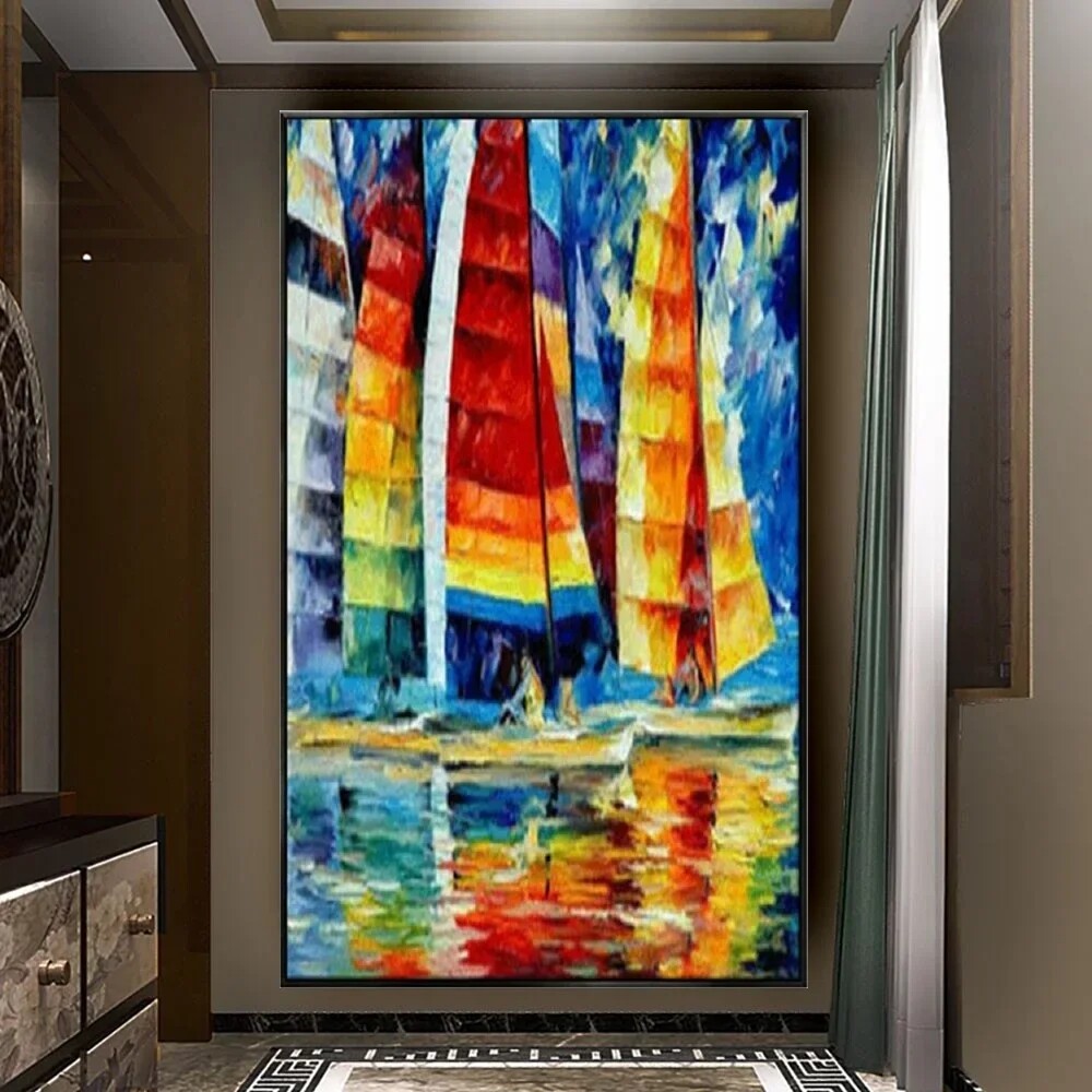 Handmade Oil Paintings Colorful Wall Art Abstract Sailing Boat With Sea View-image
