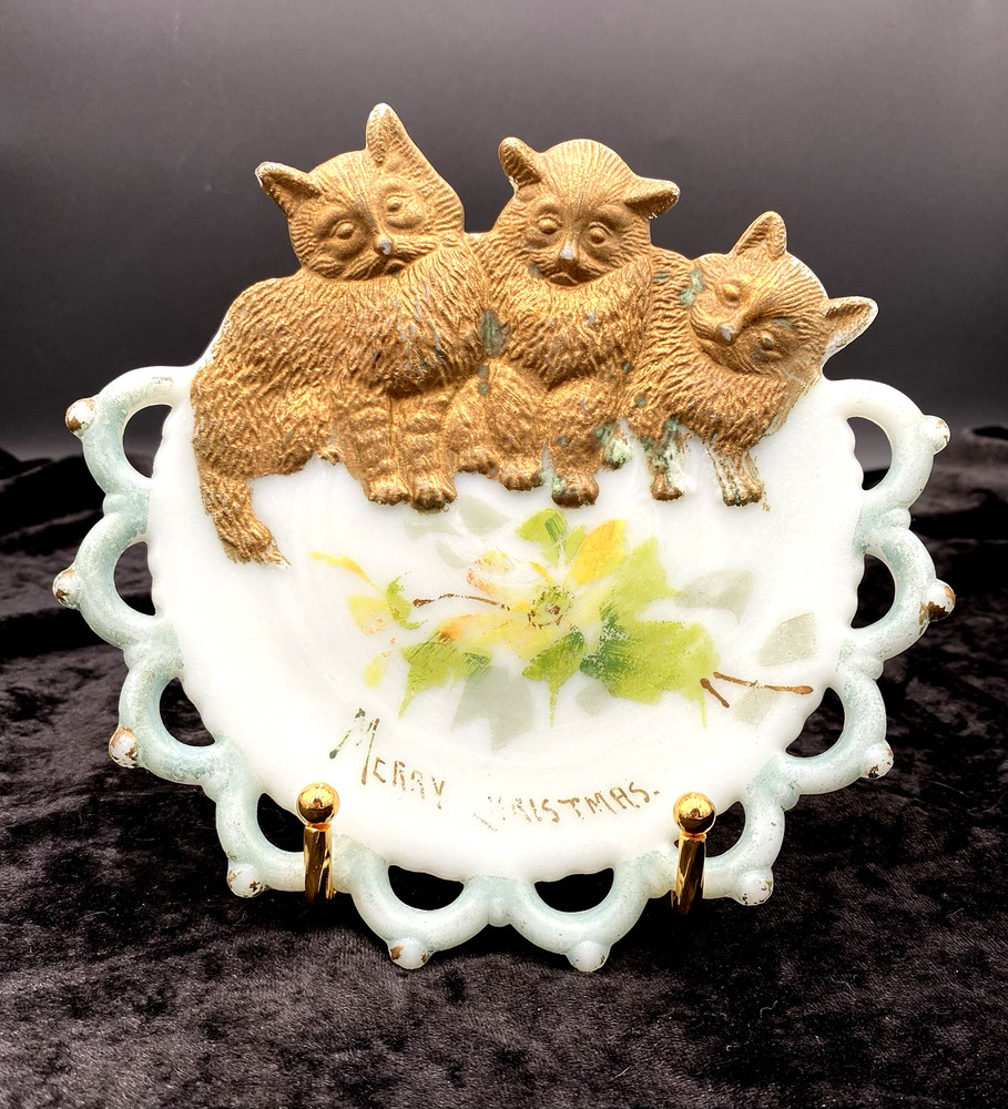 Antique Westmoreland Specialty Co. #5 Cat Plate (Three Kittens), Painted, 7.3