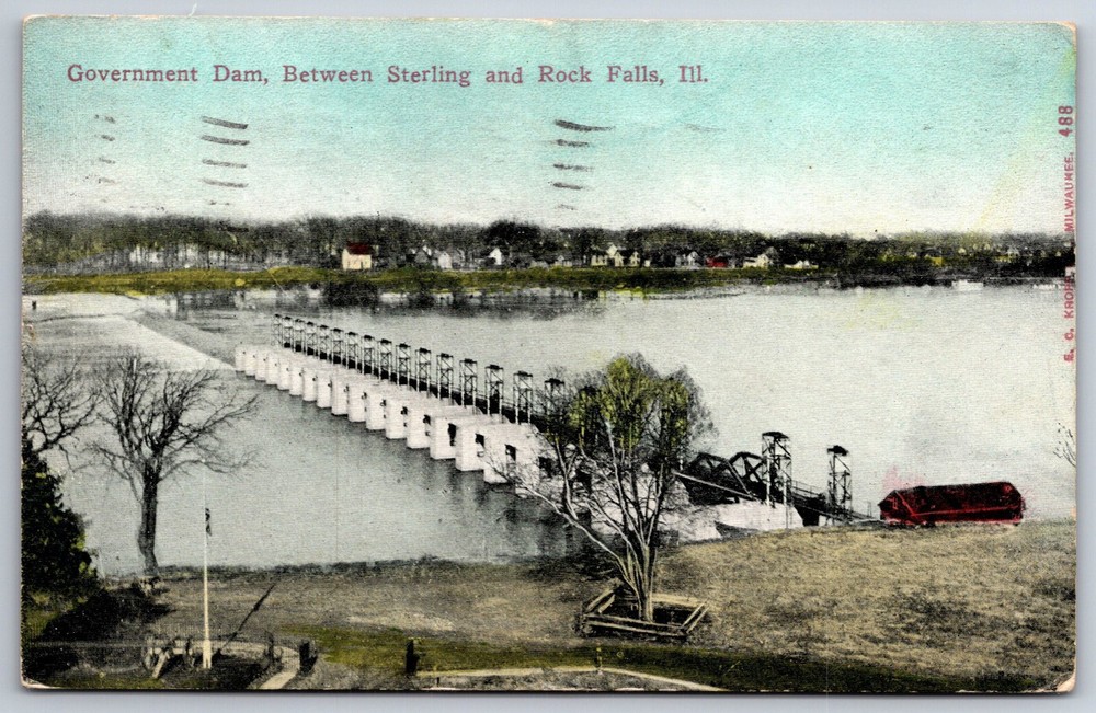 Rock Falls Illinois~Air View Government Dam~Vintage Postcard