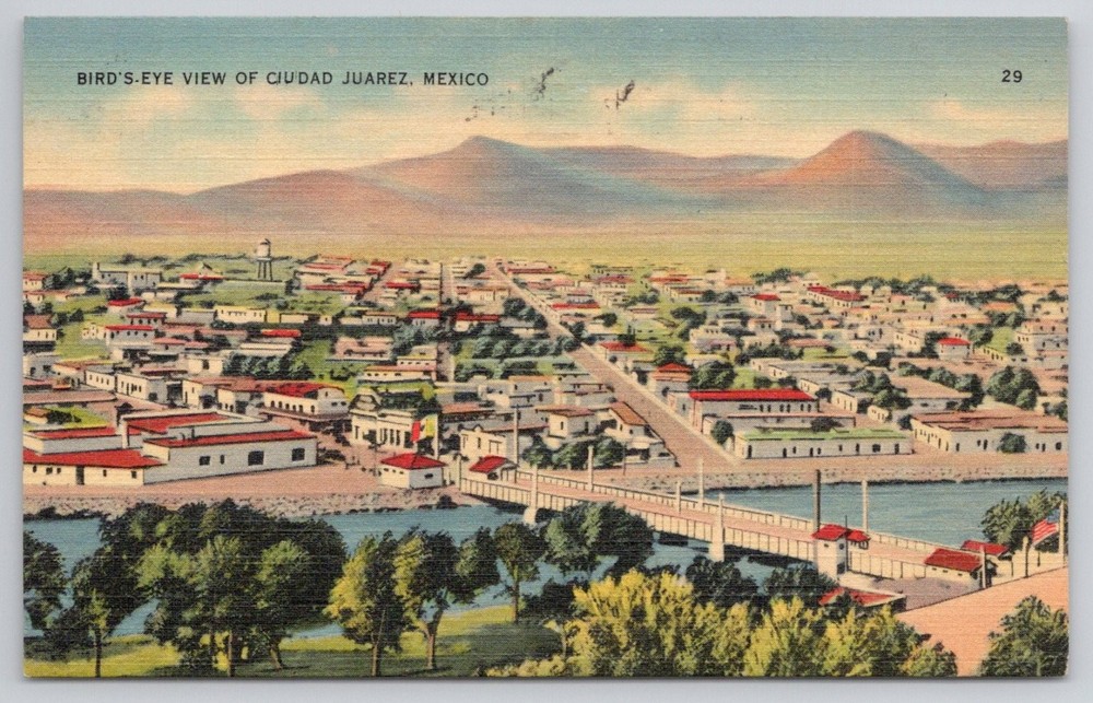 1941 Bird's-Eye View Ciudad Juarez Mexico Linen Postcard El Paso TX Postmark